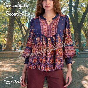 Easel Boho Flowy Colorful Floral Long Sleeve Oversized Peasant Blouse Blueberry